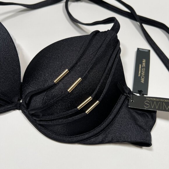 Victoria Secret 36D Push Up Bikini Top Banded Strappy Adds 1 Cup Size Black - Picture 3 of 11